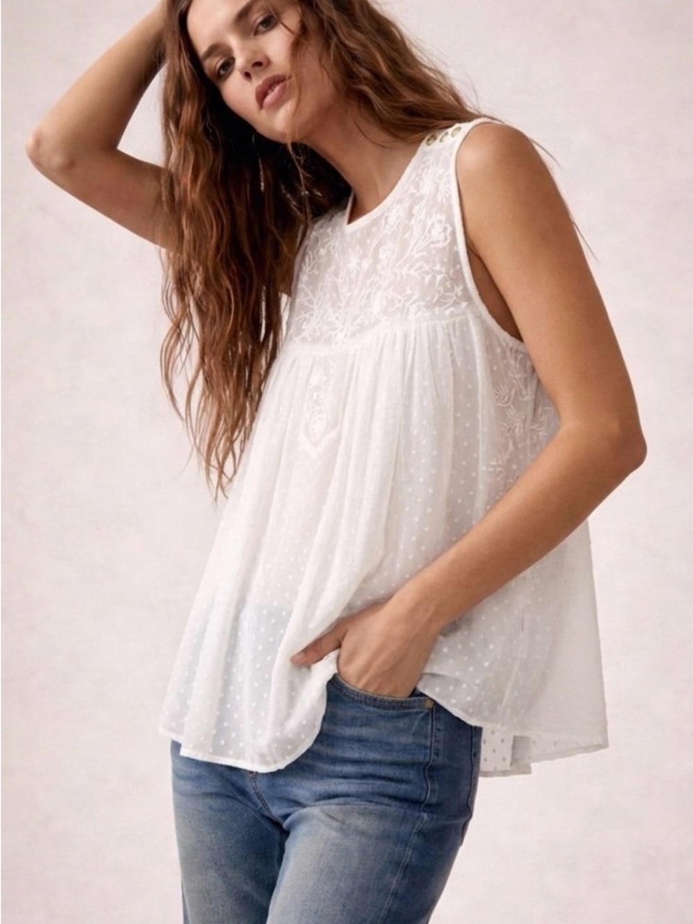 Zara Embroidered Dotted Mesh Top Chiffon Sleeveless 2017 Blogger Fave XS Ecru
